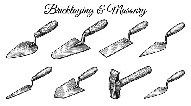 Bricklaying and Masonry Tools Set Hand Drawn Engraving Style Vector Illustration with Various Trowels and Hammer for Construction and Renovation