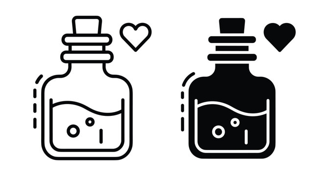 Love potion bottle icon set featuring outline and solid black styles with heart symbol for magic elixir fantasy gaming applications