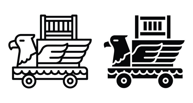 Griffin parade float icon featuring eagle head wings and wheels in outline and solid black vector style for festival design graphic