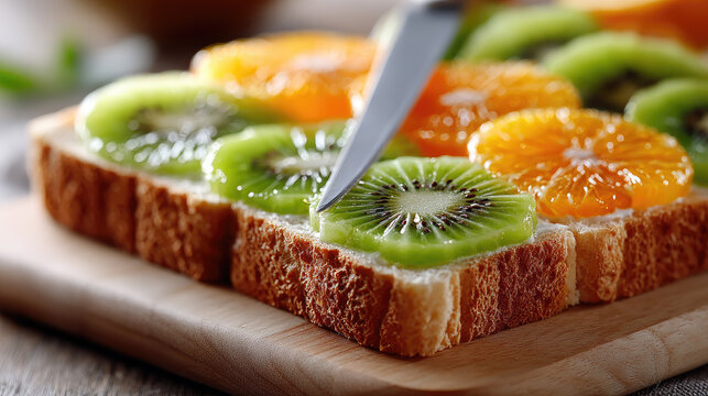 Fresh fruit sando on a wooden cutting board with a knife, creating a vibrant, healthy breakfast or dessert, offering a sweet culinary experience