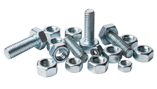 Isolated collection of shiny metal bolts and nuts, industrial hardware fasteners for assembly