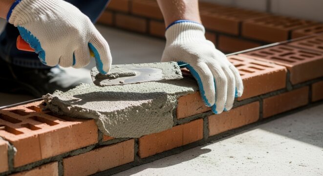 Skilled bricklayer applying mortar to bricks during construction process. Bricklaying involves precise placement of bricks with mortar for structural integrity.