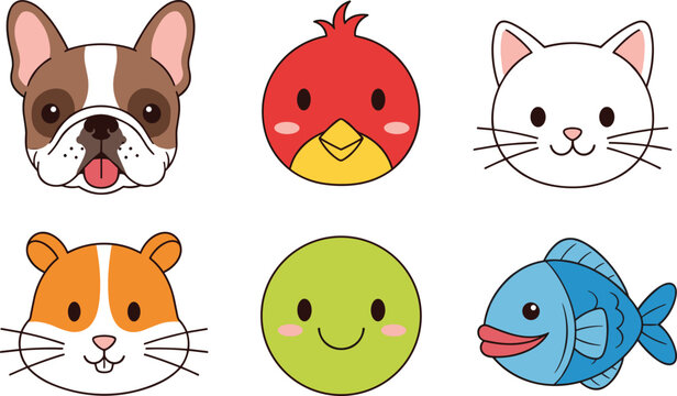 Cute animal face vector set. Cartoon dog, cat, bird, hamster and fish characters isolated on transparent background.