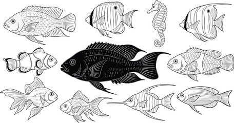 Marine fish sketch vector set. Hand drawn tropical ocean animals and seahorse illustrations. Underwater wildlife collection isolated on transparent background. © ALFINI