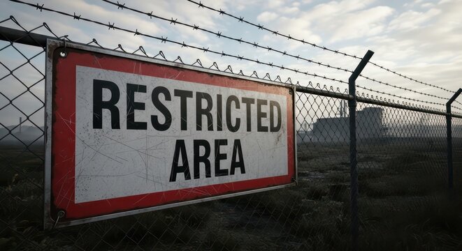 Restricted area warning sign on fence.