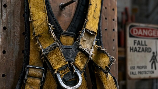 Damaged and Frayed Industrial Safety Harness Hanging in Workshop with Danger Sign Background