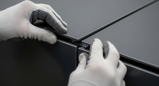 Hands assembling furniture with precision and care, joining black panels together for a clean finish. Furniture assembly process highlights craftsmanship and attention to detail.