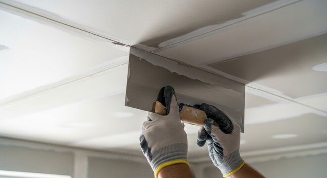 Applying plaster to ceiling with trowel for smooth finish. Skilled worker uses tools for ceiling repair and preparation in residential space. Concept ceiling repair for home improvement projects.