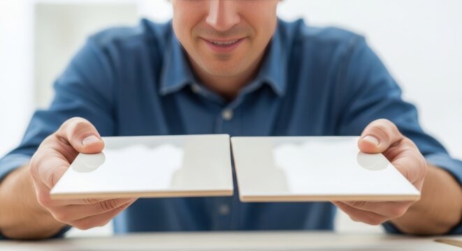 Comparing tile samples for home renovation with two light-colored tiles in hands. Tile selection process includes examining texture and finish for perfect match in home improvement.