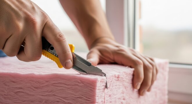 Hands using utility knife to cut pink insulation foam block at window. Crafting process involves precise cutting of insulation material for home improvement projects.