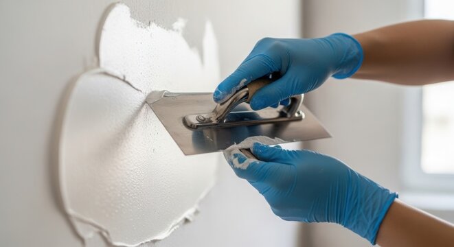 Wall repair process with worker using putty knife to fix damaged surface. Worker applies joint compound to patch hole and smooth wall texture.