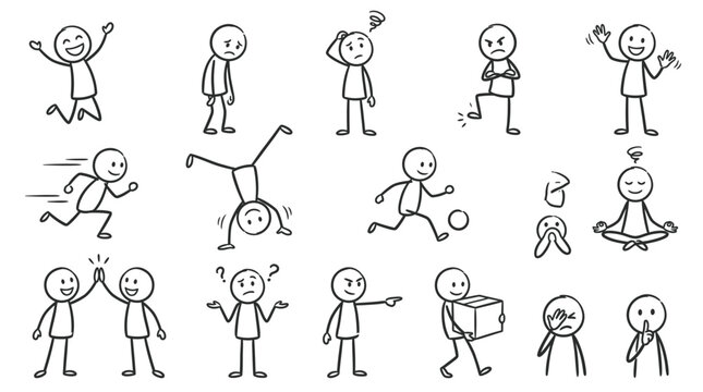 Collection of Stick Figure Characters Depicting Various Actions, Activities, and Emotions on an Isolated White Background