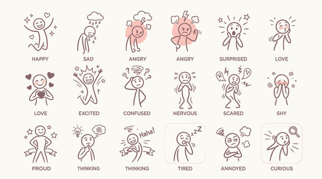 Set of hand-drawn simplified icons of people displaying a wide range of emotions like happy, sad, angry, love, tired, and curious on an isolated white background.