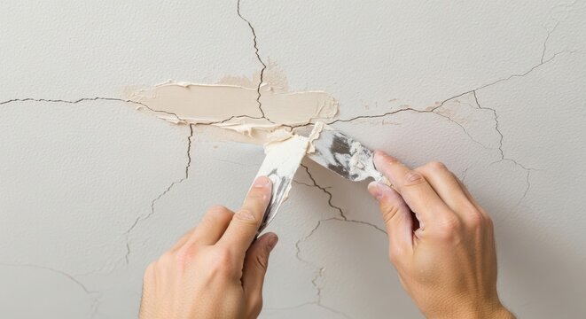 Repair of cracked wall with hands smoothing plaster on damaged drywall. Working on wall restoration involves applying plaster to fill gaps and cracks in the surface.