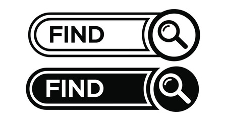 Fototapeta premium Search bar find button icon set with magnifying glass symbol for website navigation interface design in black and white colors