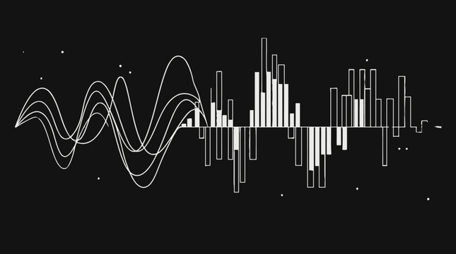 White Sound Wave Lines and Vertical Bars on Dark Background, Modern Digital Audio Visualization.