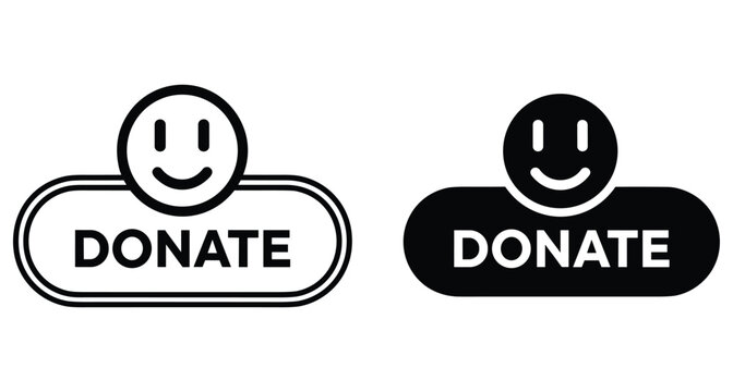 Donate button icon set with smiley face symbol for charity fundraising nonprofit organization support giving help kindness generosity and contribution