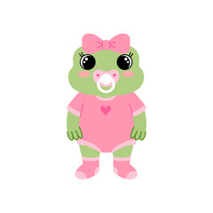 Fototapeta premium Cartoon baby girl frog character in a pink bodysuit with a bow. Vector mascot isolated on white background.
