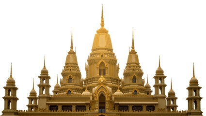 Isolated ornate golden Asian temple with multiple spires, intricate religious architecture, cut out