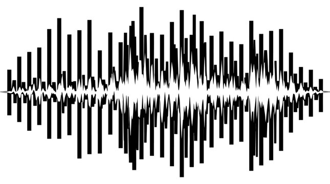 Abstract Black and White Sound Waveform Display with Vertical Bars, Isolated White Background.