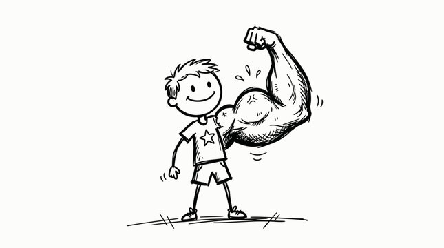 Happy young boy stick figure with one comically oversized muscular arm, smiling playfully in a bright studio background, showing surprising strength.