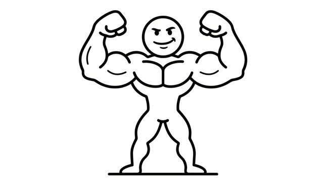 Happy stick figure bodybuilder with huge flexed biceps, posing confidently on an isolated white background, showing strength and achievement.