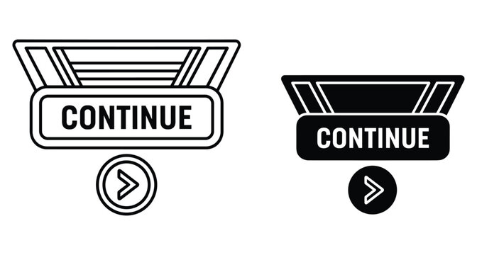 Continue button game user interface design set with outline and solid black icons for futuristic digital menu navigation play start