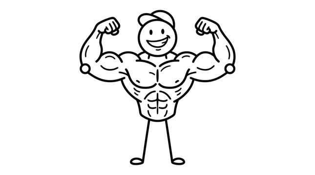 Ecstatic stick figure bodybuilder with highly defined muscles and flexed biceps, striking a triumphant pose on an isolated white background.