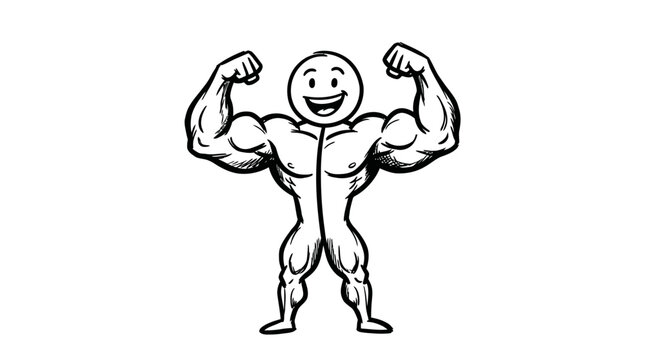 Extremely muscular stick figure bodybuilder with a wide smile, confidently posing with flexed biceps on an isolated white background, demonstrating immense power.