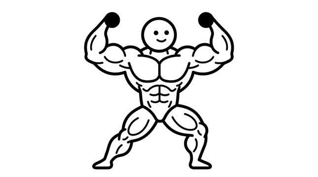 Enthusiastic stick figure bodybuilder with massive flexed biceps, striking a powerful pose on an isolated white background, symbolizing peak physical strength.