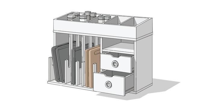 Modern White Desk Organizer Rack with Drawers and Compartments for Office Supplies and Stationery Storage Illustration