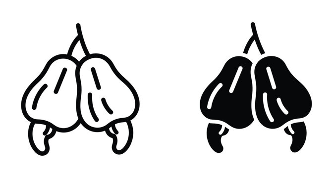 Cashew apple fruit with nut icon set in outline and solid black silhouette style for food packaging and organic design