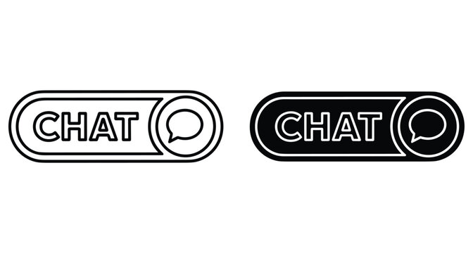 Chat button icon set with speech bubble symbol for messaging application interface design in black and white outline and solid
