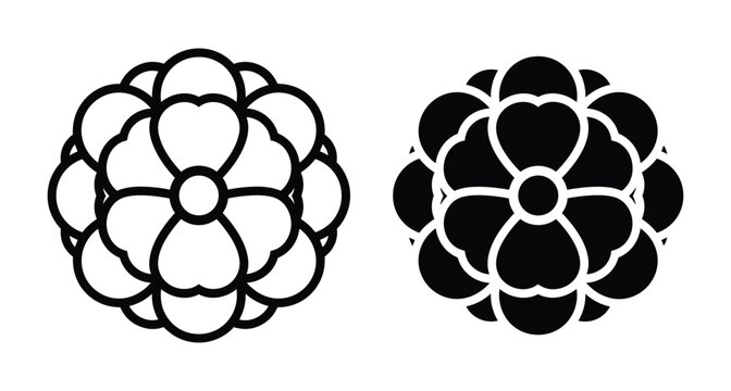 Stylized floral blossom icons in outline and solid black silhouette styles representing traditional Japanese kamon crest or simple mandala design
