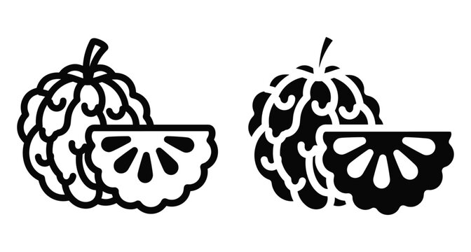 custard apple fruit icon set featuring whole cherimoya and sliced sugar apple piece in outline and solid black vector style