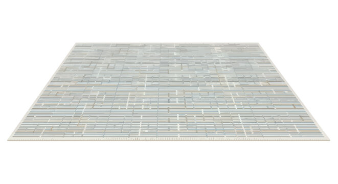 Modern patchwork area rug with geometric pattern in neutral gray and beige tones perspective view on white background