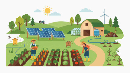 Fototapeta premium Sustainable organic farming with solar power, wind turbine, and beehives, illustrating eco-friendly agriculture and renewable energy for a green