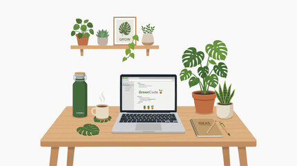 Fototapeta premium Minimalist green productivity concept illustration of remote work on a laptop, sustainability icons, and efficient workflow for startups and marketing