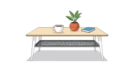 Fototapeta premium Minimalist Wooden Coffee Table Illustration with Potted Plant Coffee Cup and Notebook on White Background