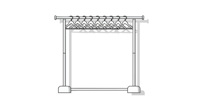 Minimalist Black and White Line Illustration of a Metal Garment Rack with Empty Hangers