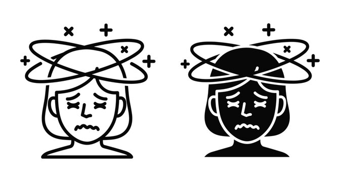 dizzy woman icon set showing vertigo symptoms headache nausea feeling unwell with spinning circles around head in outline and solid style