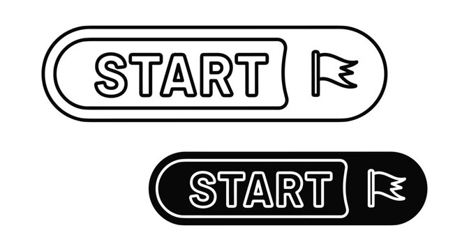 Start button icon set with flag symbol in outline and solid black styles for web interface game design and apps
