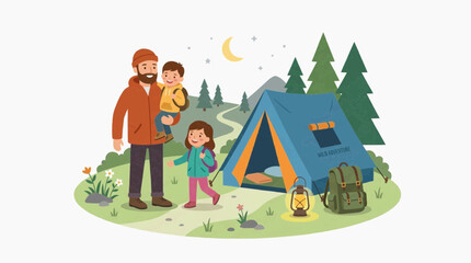 Naklejka premium Minimalist outdoor camping illustration of a family setting up a tent in nature, promoting quality time, adventure travel planning