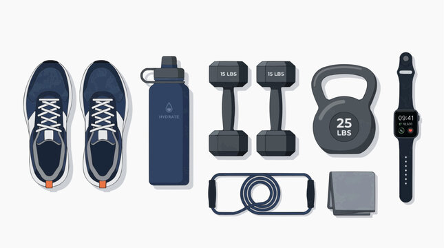 Minimalist 2D flat illustration of workout gear set for fitness tracking app marketing, health analytics, productivity and goal success