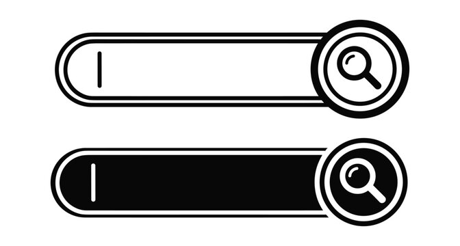 Search bar icon set with magnifying glass for web interface design including outline and solid black styles for browser navigation
