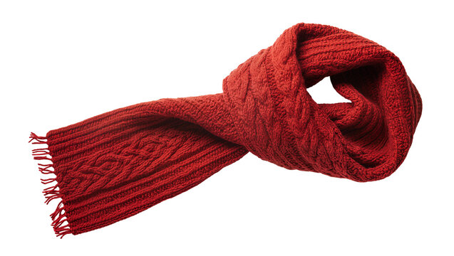 Isolated comfortable red cable knit wool winter scarf, a cozy knitted fashion accessory