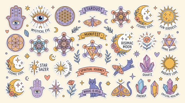 Mystical celestial vector icon set, spiritual esoteric symbols with moon and sun, magic crystal and hamsa hand illustrations for astrology and tarot