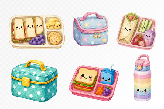 Cute kids lunch box clipart collection with sandwiches, berries, snack bags, water bottle, bento boxes and school meals. Vector illustration.