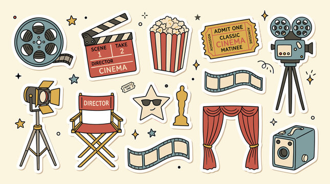 Vintage cinema sticker set with movie production icons, retro film industry elements, hand drawn theater popcorn and clapperboard vector collection
