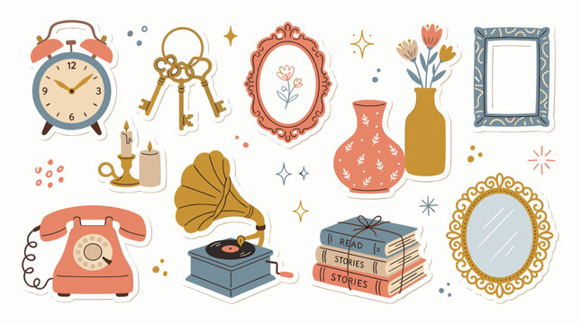 Vintage aesthetic sticker set with retro home decor, antique gramophone and rotary phone illustrations, nostalgic lifestyle vector elements
